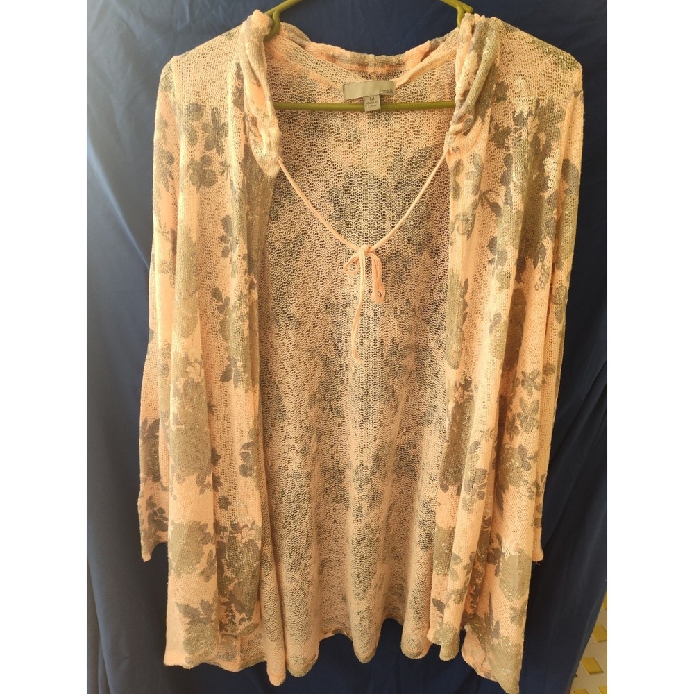 ONE A Open Weave Light Blush Long Cardigan Duster Sweater Long Sleeve Medium - Picture 2 of 6